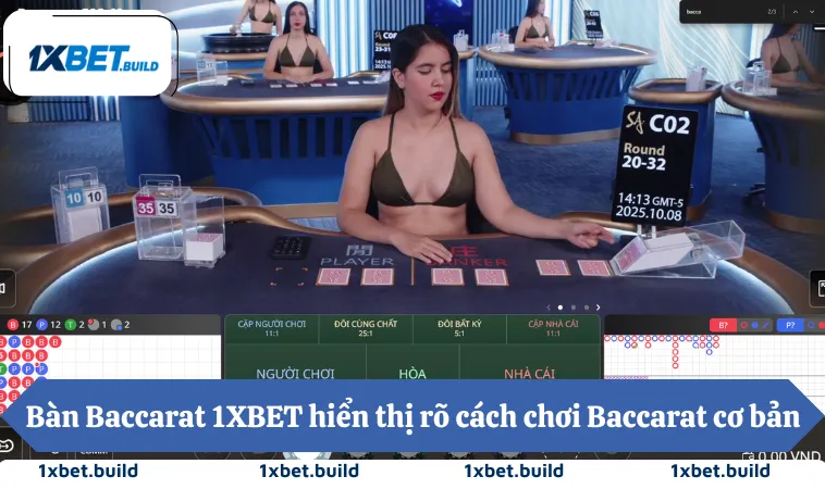 Bàn Baccarat 1XBET hiển thị rõ cách chơi Baccarat cơ bản