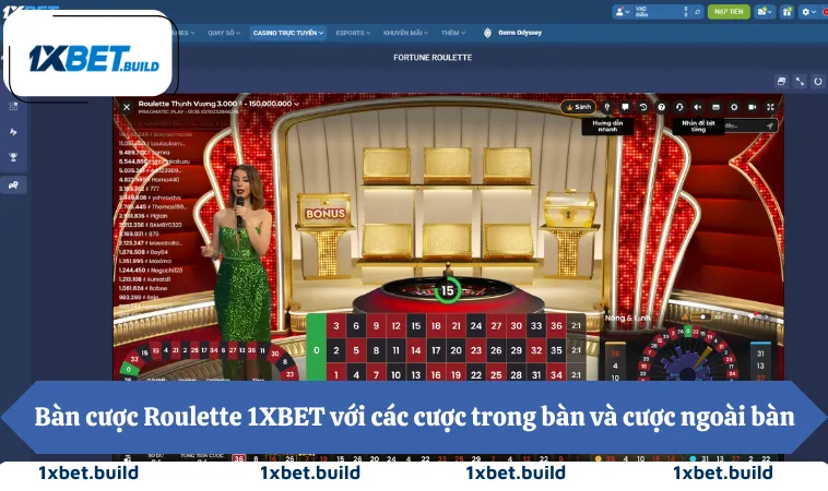 Bàn cược Roulette 1XBET với các cược trong bàn và cược ngoài bàn