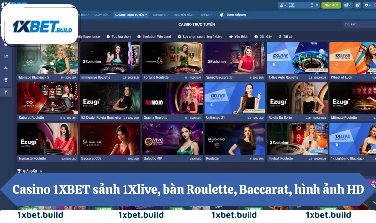 Casino 1XBET sảnh 1Xlive, bàn Roulette, Baccarat, hình ảnh HD