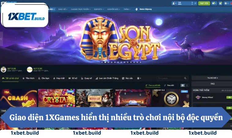 Giao diện 1XGames hiển thị nhiều trò chơi nội bộ độc quyền
