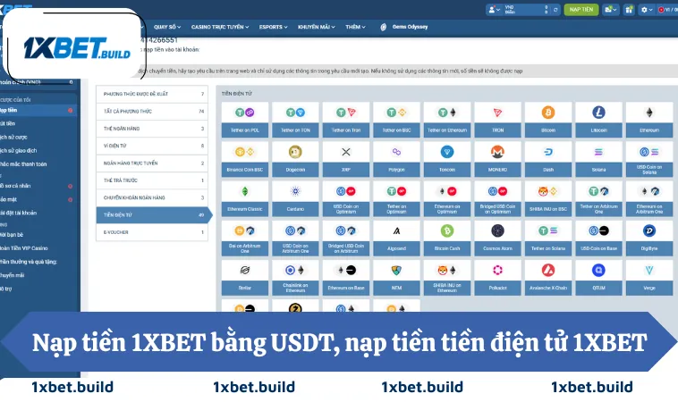 Nạp tiền 1XBET bằng USDT, nạp tiền tiền điện tử 1XBET