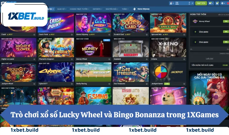 Trò chơi xổ số Lucky Wheel và Bingo Bonanza trong 1XGames
